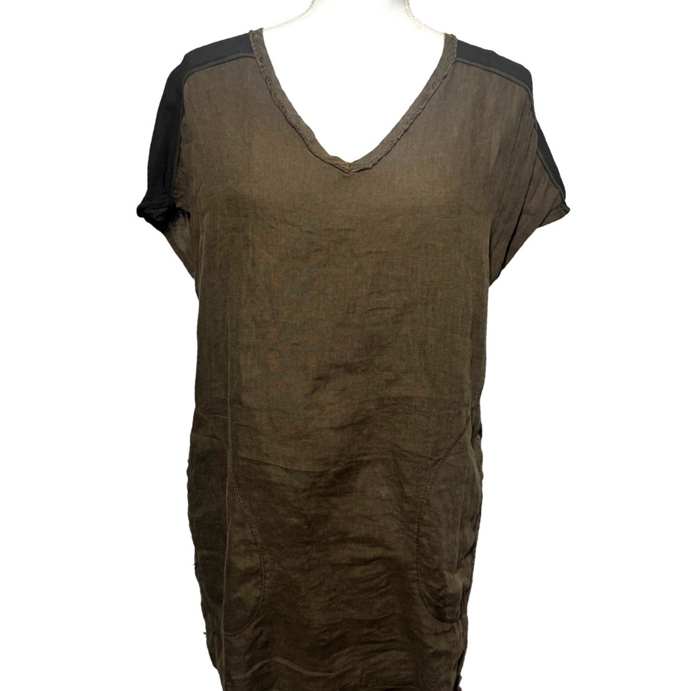 Wearables by Habitat Linen Tunic M Olive Brown V-Neck Raw Edge Excellent